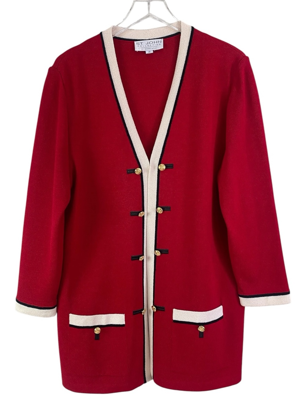 St. John Collection Red Santana Knit Open Front Cardigan Jacket Size 14